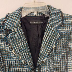 Dana Buchman Tweed Blazer  Blue Black Gold Fringe Collar  Women's Size 8